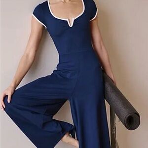 Free People Movement Pipe Dream Onesie Wide-Leg Navy Jumpsuit with Contrast Trim